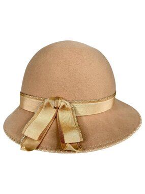 Geo‎ W Bollman Miss JoAnn Tan Wool Felt Cloche Hat Satin Ribbon Bow Vintage